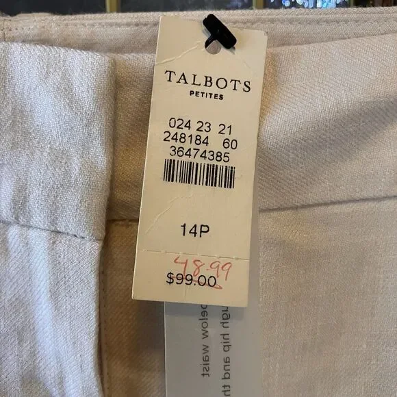 NWT Talbots Petite 100% Linen Pants Wide Leg 14P Cream MSRP $99 Beige Lined - Picture 2 of 16